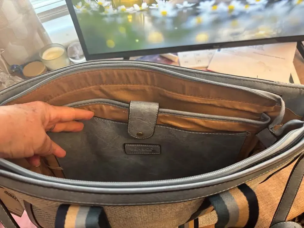 Jen & Co. M2086CN Striped Canvas Vegan Leather Tote Bag Blue